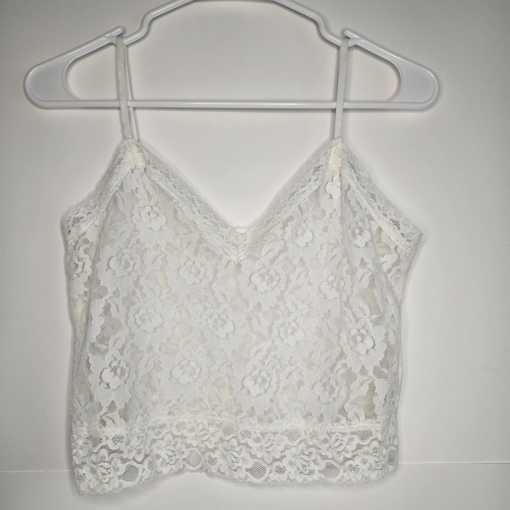 Anthropologie White Floral Lace Camisole Adjustable Straps V-Neck Crop Top Small